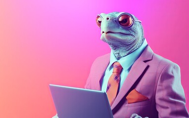 Fototapete - Turtle tortoise in suit using a laptop while working on bright pastel background. advertisement. presentation. commercial. editorial. copy text space.