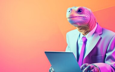 Fototapete - Turtle tortoise in suit holding a tablet while working on bright pastel background. advertisement. presentation. commercial. editorial. copy text space.