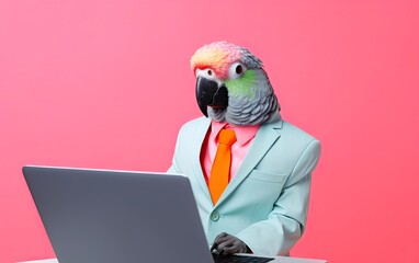 Fototapete - Parrot bird in suit using a laptop while working on bright pastel background. advertisement. presentation. commercial. editorial. copy text space.