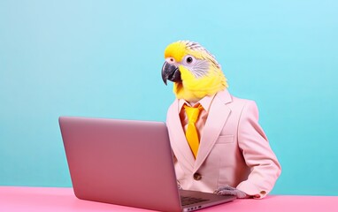 Fototapete - Parrot bird in suit using a laptop while working on bright pastel background. advertisement. presentation. commercial. editorial. copy text space.