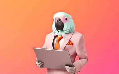 Fototapete - Parrot bird in suit holding a tablet while working on bright pastel background. advertisement. presentation. commercial. editorial. copy text space.