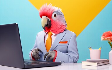 Fototapete - Parrot bird in suit using a laptop while working on bright pastel background. advertisement. presentation. commercial. editorial. copy text space.