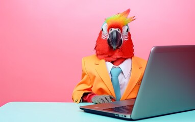 Fototapete - Parrot bird in suit using a laptop while working on bright pastel background. advertisement. presentation. commercial. editorial. copy text space.