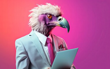 Fototapete - Vulture bird in suit holding a tablet while working on bright pastel background. advertisement. presentation. commercial. editorial. copy text space.