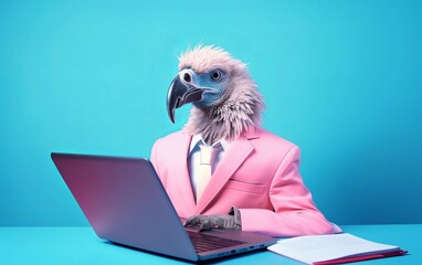 Fototapete - Vulture bird in suit using a laptop while working on bright pastel background. advertisement. presentation. commercial. editorial. copy text space.