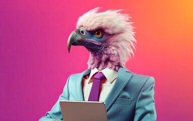 Fototapete - Vulture bird in suit holding a tablet while working on bright pastel background. advertisement. presentation. commercial. editorial. copy text space.