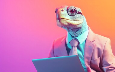 Fototapete - Turtle tortoise in suit holding a tablet while working on bright pastel background. advertisement. presentation. commercial. editorial. copy text space.