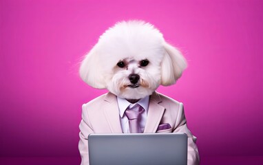 Fototapete - Bichon Frise dog in suit using a laptop while working on bright pastel background. advertisement. presentation. commercial. editorial. copy text space.