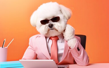 Fototapete - Bichon Frise dog in suit using a laptop while working on bright pastel background. advertisement. presentation. commercial. editorial. copy text space.
