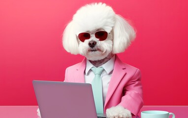 Fototapete - Bichon Frise dog in suit using a laptop while working on bright pastel background. advertisement. presentation. commercial. editorial. copy text space.