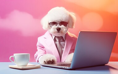 Fototapete - Bichon Frise dog in suit using a laptop while working on bright pastel background. advertisement. presentation. commercial. editorial. copy text space.