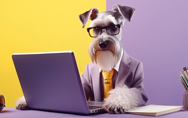 Fototapete - Schnauzer dog in suit using a laptop while working on bright pastel background. advertisement. presentation. commercial. editorial. copy text space.