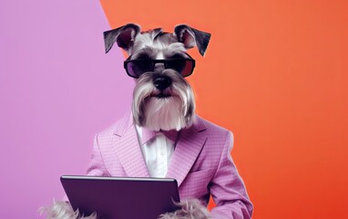 Fototapete - Schnauzer dog in suit holding a tablet while working on bright pastel background. advertisement. presentation. commercial. editorial. copy text space.
