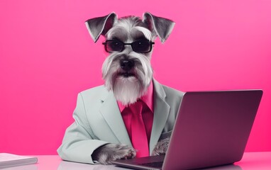 Fototapete - Schnauzer dog in suit using a laptop while working on bright pastel background. advertisement. presentation. commercial. editorial. copy text space.