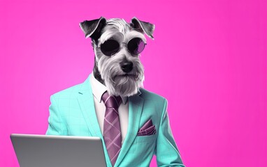 Fototapete - Schnauzer dog in suit using a laptop while working on bright pastel background. advertisement. presentation. commercial. editorial. copy text space.