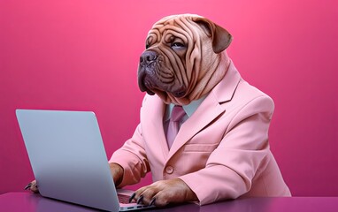 Fototapete - Shar Pei dog in suit using a laptop while working on bright pastel background. advertisement. presentation. commercial. editorial. copy text space.