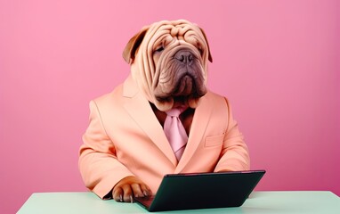 Fototapete - Shar Pei dog in suit using a laptop while working on bright pastel background. advertisement. presentation. commercial. editorial. copy text space.