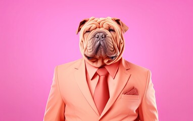 Fototapete - Shar Pei dog in suit businessman on bright pastel background. advertisement. presentation. commercial. editorial. copy text space.