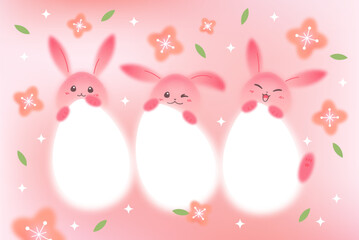 Poster - Cute Illustration in Watercolor Style with Happy Pink Easter Rabbits with Big White Eggs. Spring Gradient Background for Easter Posters, Cards and Banners. Vector Cartoon Characters in Anime Style
