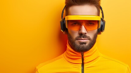 Creative young man wearing high tech glasses and headphones on vibrant solid background