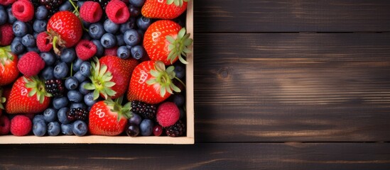 Wall Mural - A wooden box is filled to the brim with fresh berries and strawberries, creating a colorful and appetizing display. The berries are vibrant and juicy, promising a burst of flavor with every bite