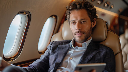 A young successful man in a business suit with a tablet in his hands, doing something on the tablet, sitting in a chair in his private jet