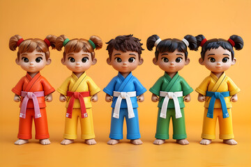 Wall Mural - A cheerful 3D cartoon render of karate kids wearing colorful belts.