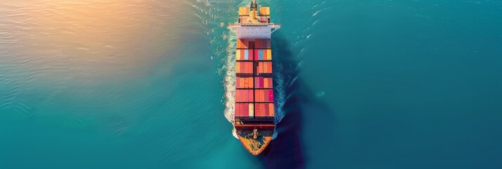 Wall Mural - Aerial view of vibrant container cargo ship in blue sea with ample copy space for text placement