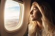 Young Woman Gazing Out the Airplane Window. Travel Dreams and Wanderlust Concept