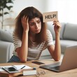 © customer solution - young and tired woman holding a help poster