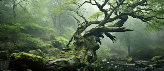 Poster - A moss-covered tree stands tall in the heart of a dense forest. The tree is surrounded by lush greenery and tall trees, creating a serene and mysterious atmosphere.