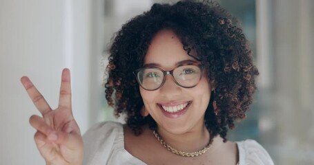 Poster - Office, peace sign and face of business woman with confidence, pride and positive attitude. Professional, creative consultant and portrait of worker for career, job and working in modern building