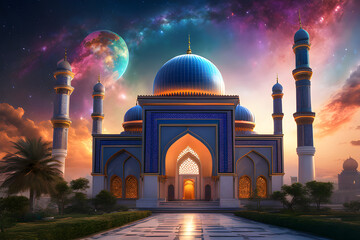 Wall Mural - Beautiful Mosque with Galaxy Background for Ramadan Background