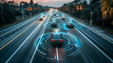 Sensing system and wireless communication network of vehicle. Autonomous car. Driverless car. Self driving vehicle. highway road with self-driving cars 