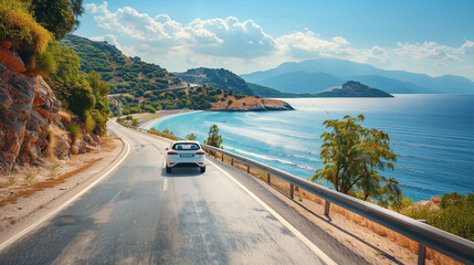 Canvas Print - car driving on the road of Europe. road landscape in summer. it's nice to drive on the beachside highway. in Europe, a summer road trip on a sunny day by the ocean