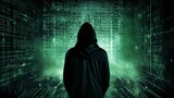 Fototapeta Konie - Hacker silhouette with binary code, representing cyber scams