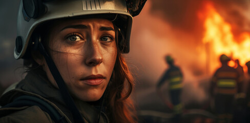 Portrait of a firefighter with fire flames in big city