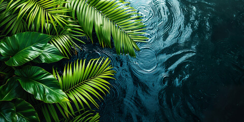 Wall Mural - top view of green palm leaves on water surface