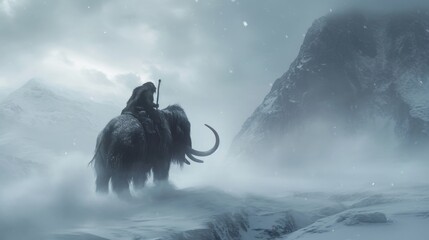Wall Mural - a warrior riding a mammoth in wild prehistoric times. fantasy and surreal.