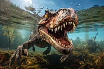 Wall Mural - close-up view of a baryonyx dinosaur in water in prehistoric environment. photorealistic.