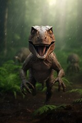 Wall Mural - cute baby dinosaur in prehistoric forest. photorealistic.