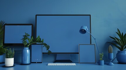 Wall Mural - Desk Laptop with blank screen on table of coffee