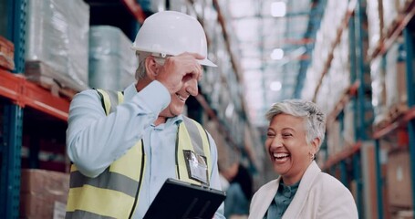 Wall Mural - Senior, people and tablet in warehouse for inspection, talking and collaboration for logistics and distribution. Digital checklist, inventory management and communication with tech for supply chain