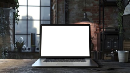 Wall Mural - Desk Laptop with blank screen on table of coffee
