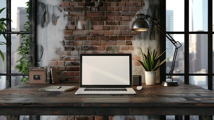 Wall Mural - Desk Laptop with blank screen on table of coffee