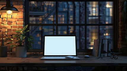 Wall Mural - Desk Laptop with blank screen on table of coffee