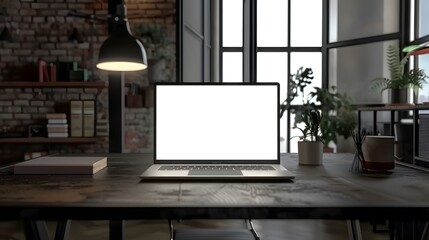 Wall Mural - Desk Laptop with blank screen on table of coffee