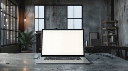 Wall Mural - Desk Laptop with blank screen on table of coffee