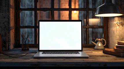 Wall Mural - Desk Laptop with blank screen on table of coffee