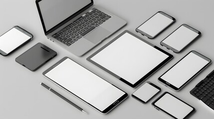 Wall Mural - Modern personal computer with blank white screen, keyboard, mobile phone and office accessories on desk at workplace of graphic designer, blogger. Electronic devices, technology and creativity
